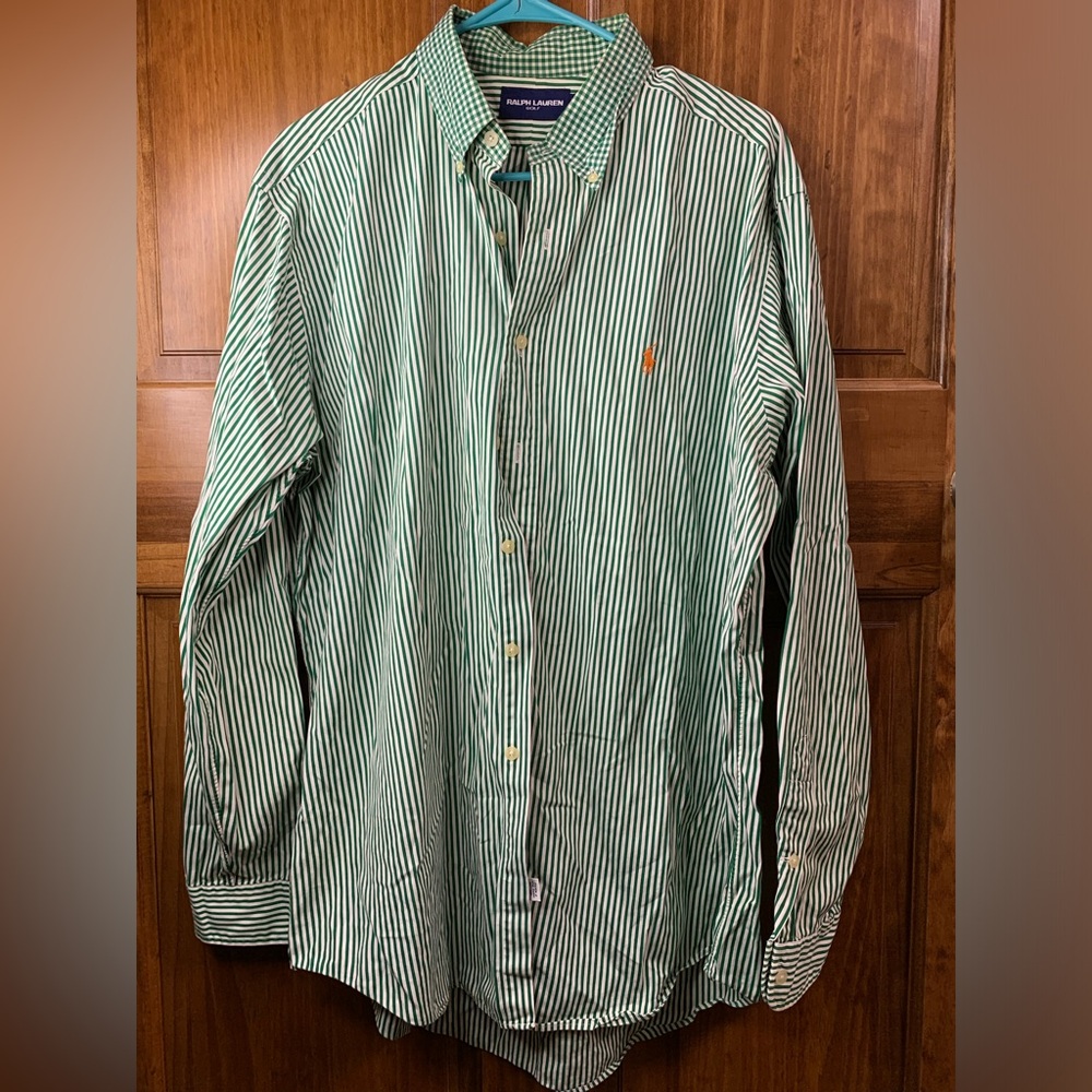 Mens Size Large Ralph Lauren Green Golf Striped Long Sleeve Button Down